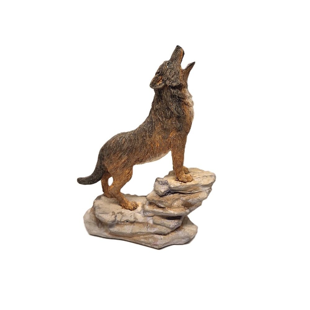 Howling Wolf Resin Statue Figurine Red Grey Rocks 5" Tall